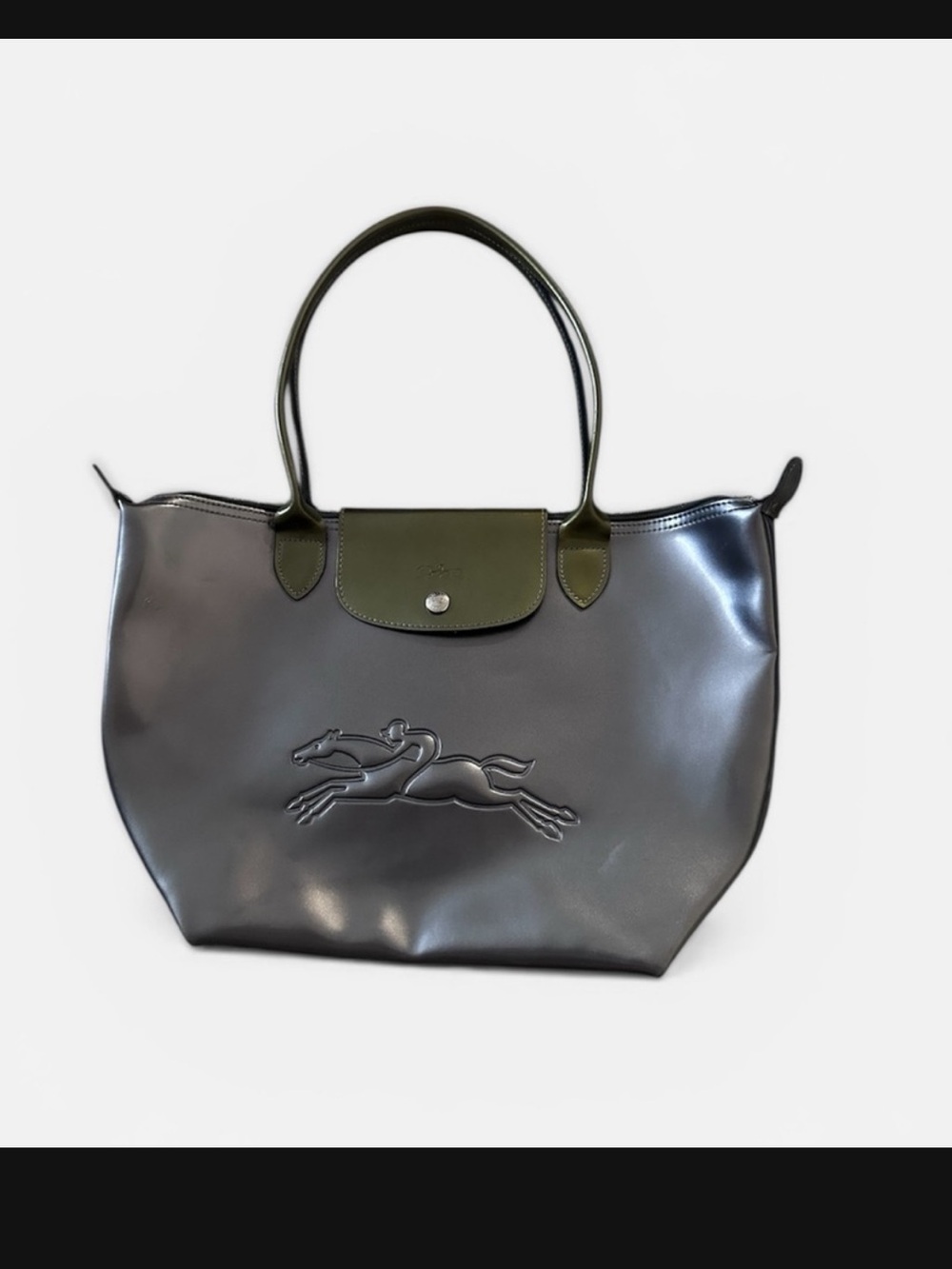 Longchamp Le Pliage Metallic Silver with green accent Elegant Tote Bag - Picture 15 of 15